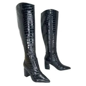 MARC FISHER Black Crocodile Cushioned Retie Pointy Toe Block Heel 7.5 NIB